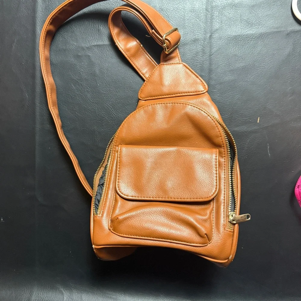 Wild Fable Brown Faux Leather Sling Bag Backpack Crossbody Cognac